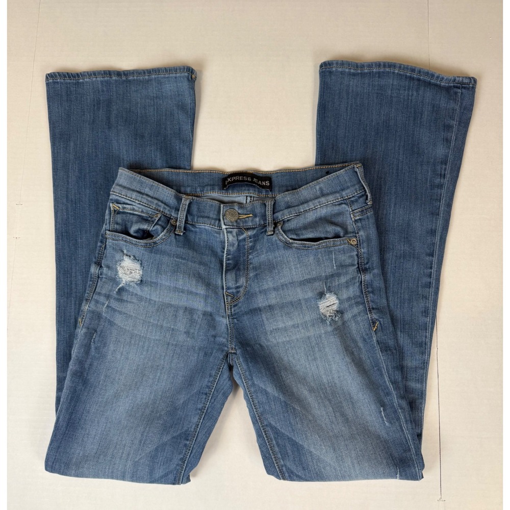Express Y2K Slim Flare Mid Rise Distressed Jeans Size 6